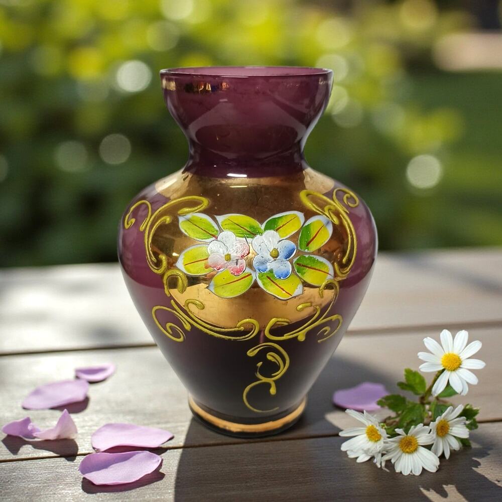 Vintage Amethyst Ornate Glass Vase 💐🌻 Hand Painted Floral • Gold Trim